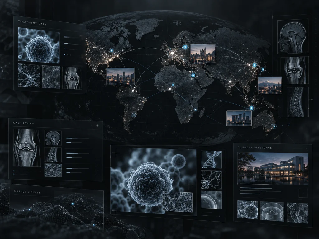 Editorial visual representing international regenerative medicine research and clinic intelligence