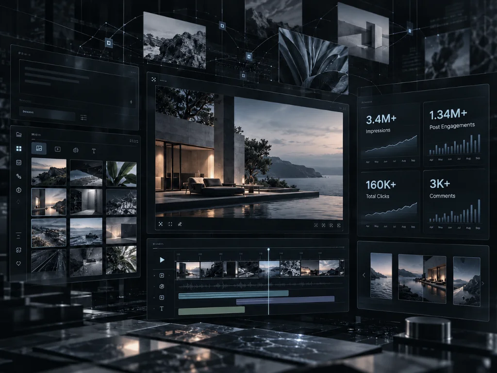 Editorial visual representing a generative AI creator monetization product and campaign analytics
